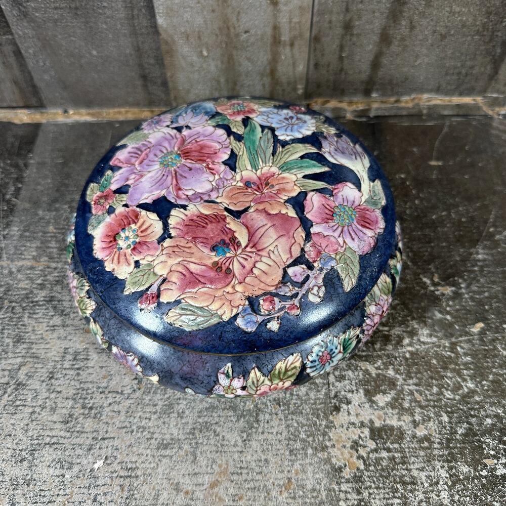 Vintage Trinket Vanity Dish w/ Lid Oval China Hand Painted Floral Porcelain